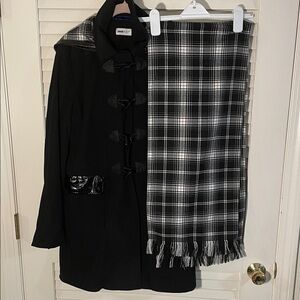 Jane Post Black Plaid Lining Hood Toggle Trench Coat and Matching Scarf